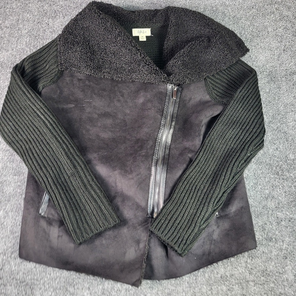 Style & Co Black Mixed Media Faux Suede Sherpa Moto Jacket PM Petite Medium